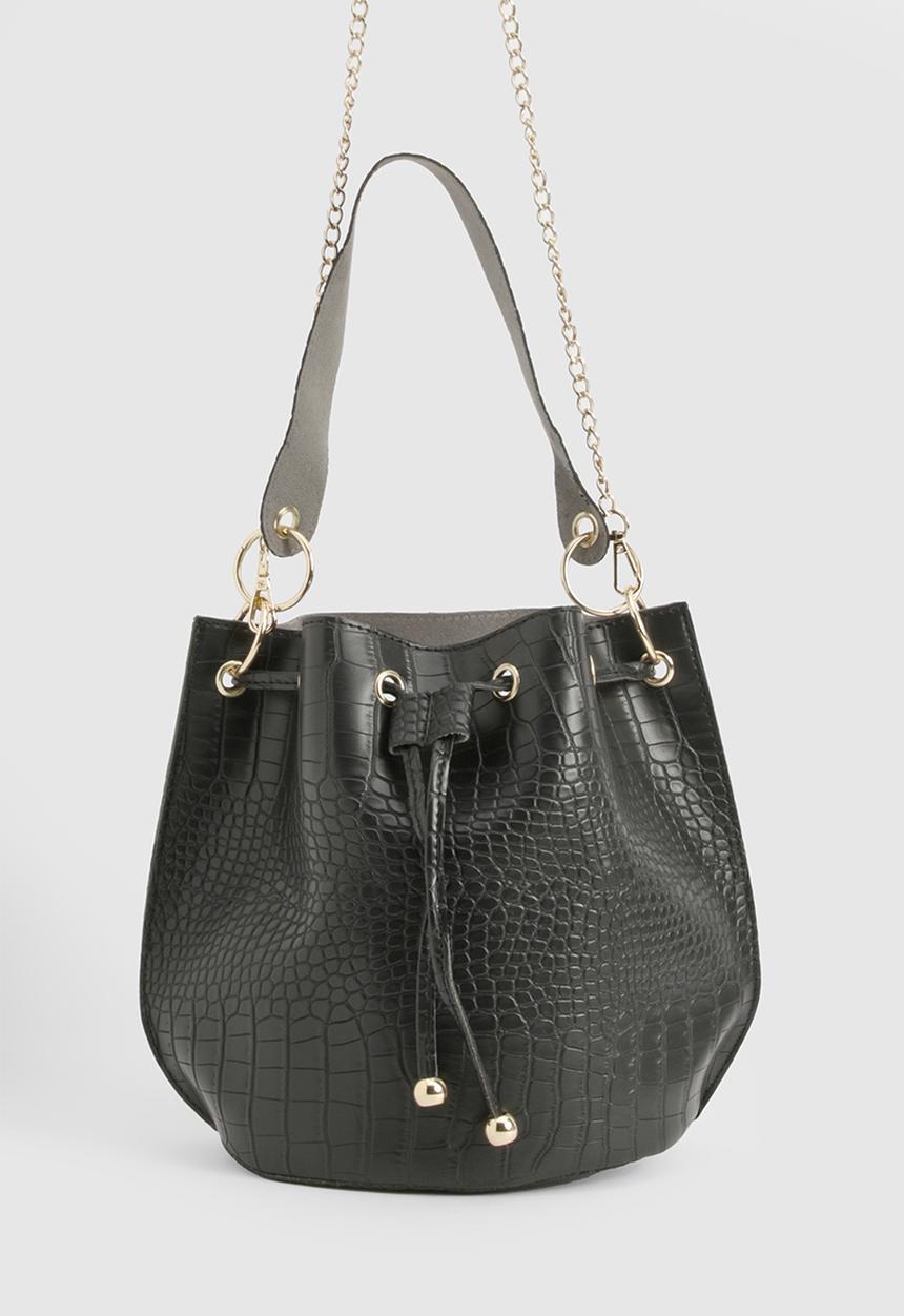 boohoo - Handle detail croc crossbody grab bag - black