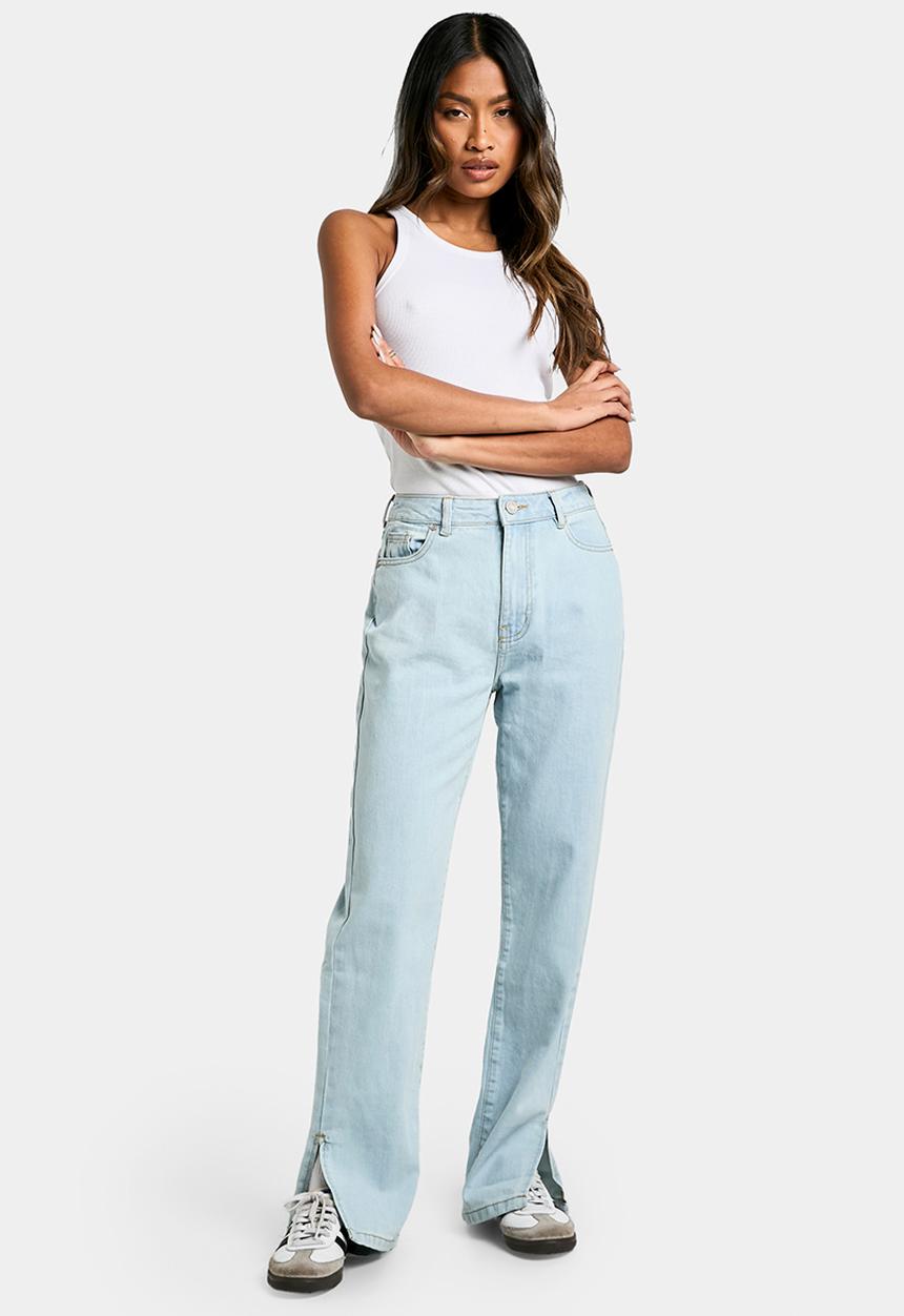 boohoo - Basics High Waisted Split Hem Straight Leg Jeans - bleach wash