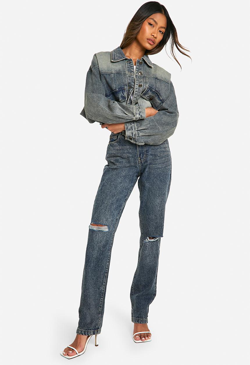 boohoo - Basics ced Straight Leg Ripped Knee Jeans - Vintage Blue