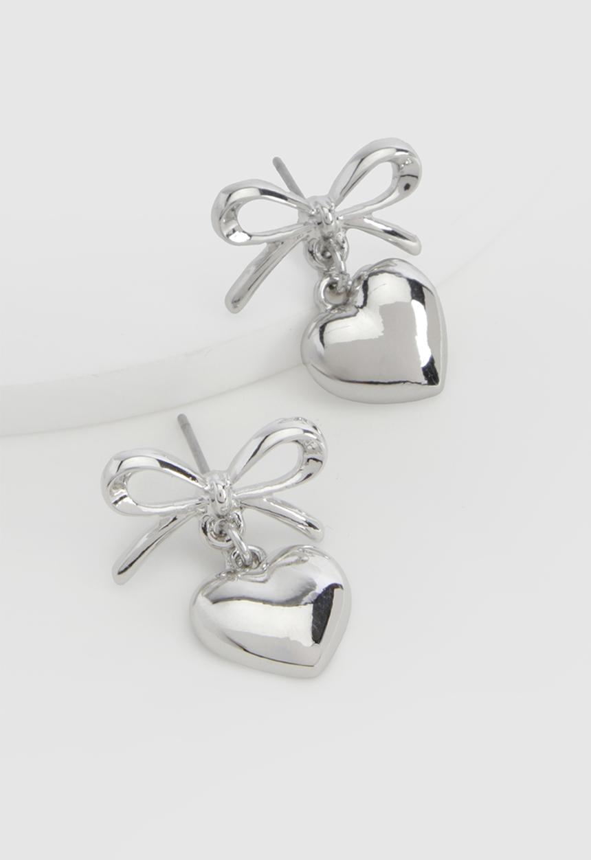 boohoo - Silver bow & heart drop earrings - silver