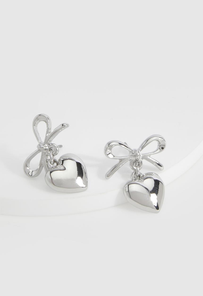 boohoo - Silver bow & heart drop earrings - silver
