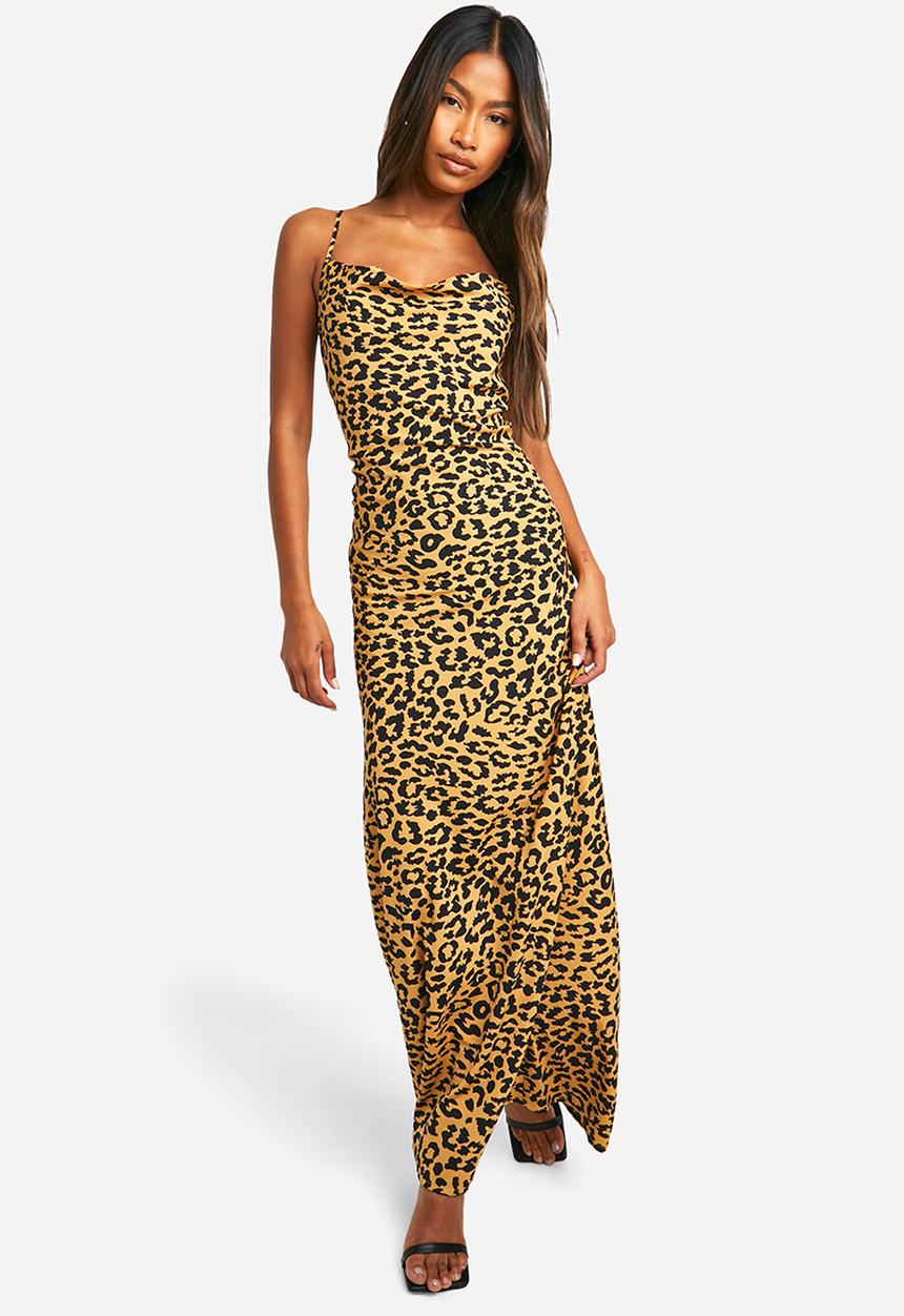 boohoo - Leopard Cowl Neck Maxi Dress - brown