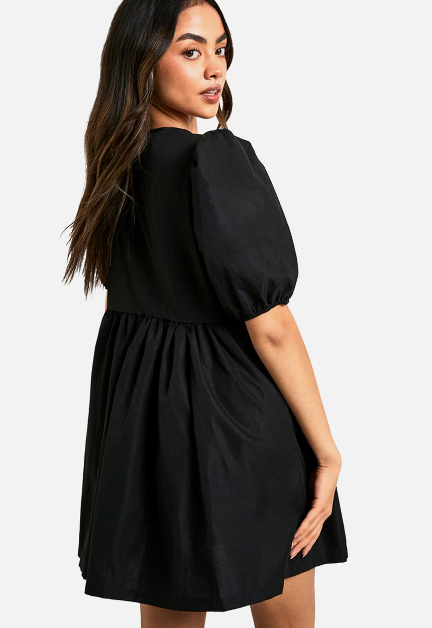 boohoo - Tie Front Woven Puff Sleeve Mini Dress - Black