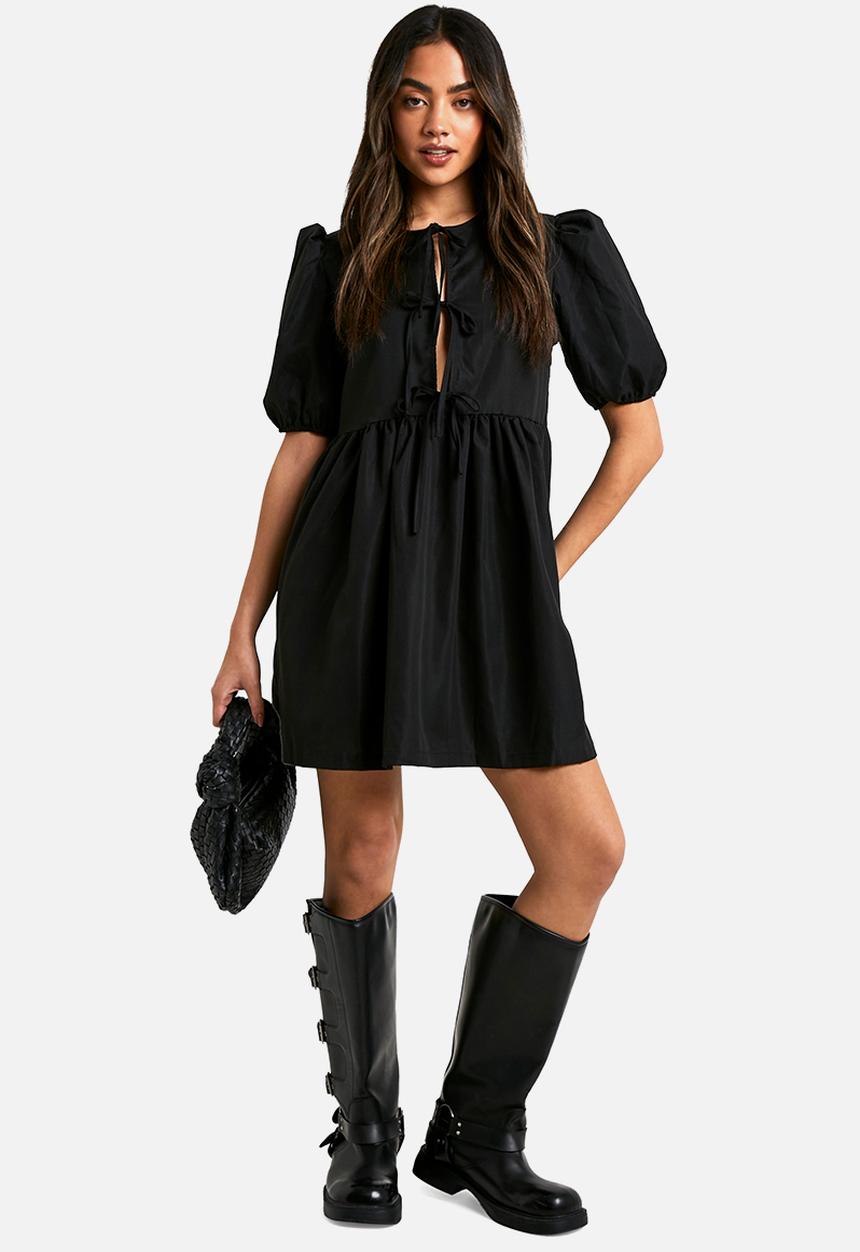 boohoo - Tie Front Woven Puff Sleeve Mini Dress - Black