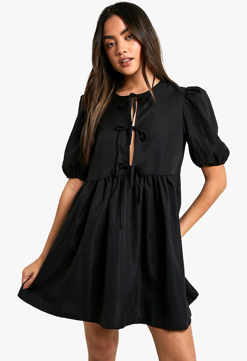 boohoo - Tie Front Woven Puff Sleeve Mini Dress - Black