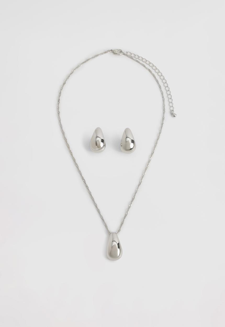 boohoo - Silver chunky tear drop necklace & earring set - silver