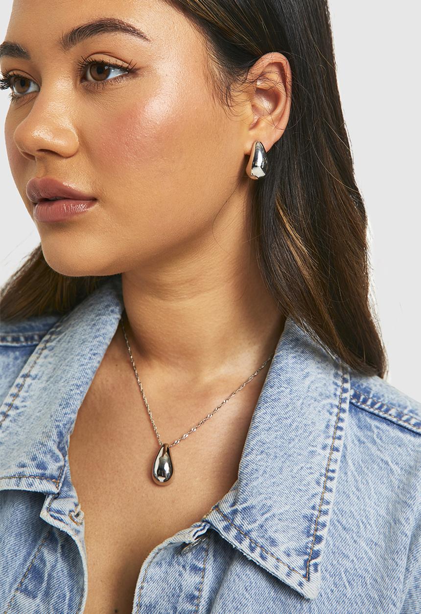 boohoo - Silver chunky tear drop necklace & earring set - silver