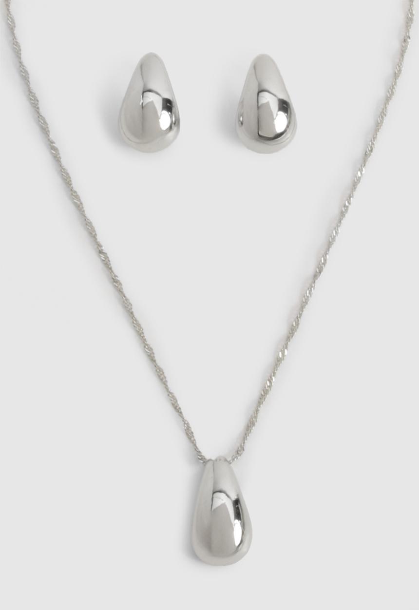 boohoo - Silver chunky tear drop necklace & earring set - silver