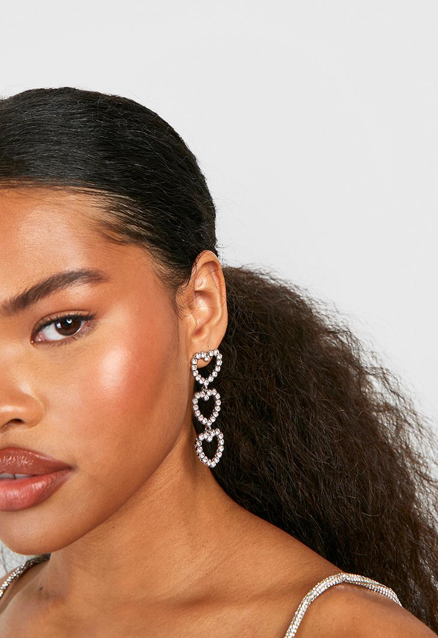 boohoo - Diamante heart drop earrings - silver