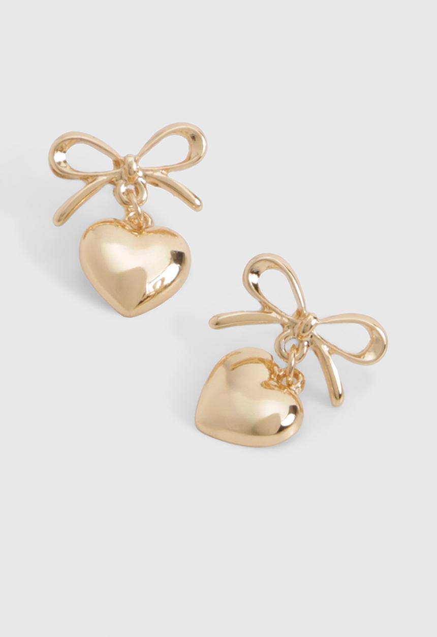 boohoo - Gold bow & heart drop earrings - gold