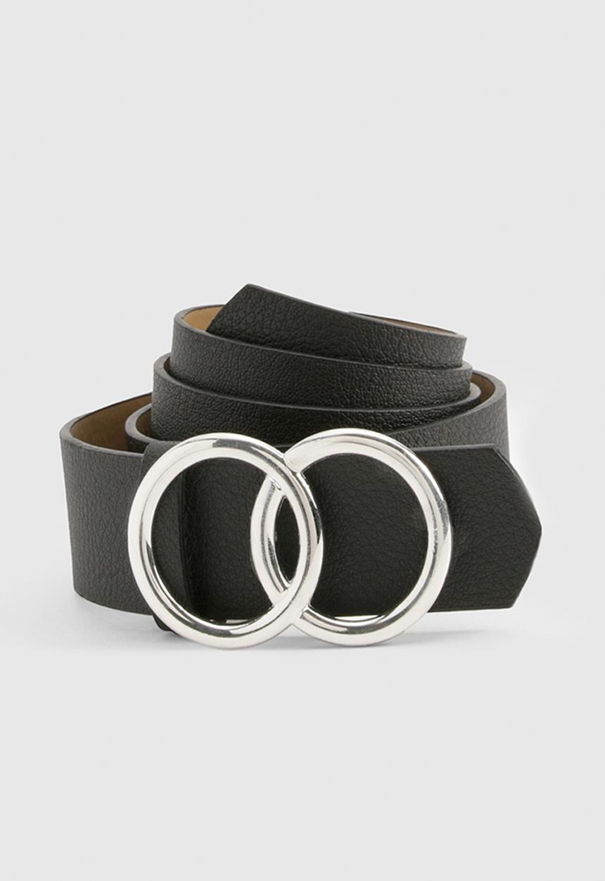 boohoo - Double silver ring detail boyfriend belt - black