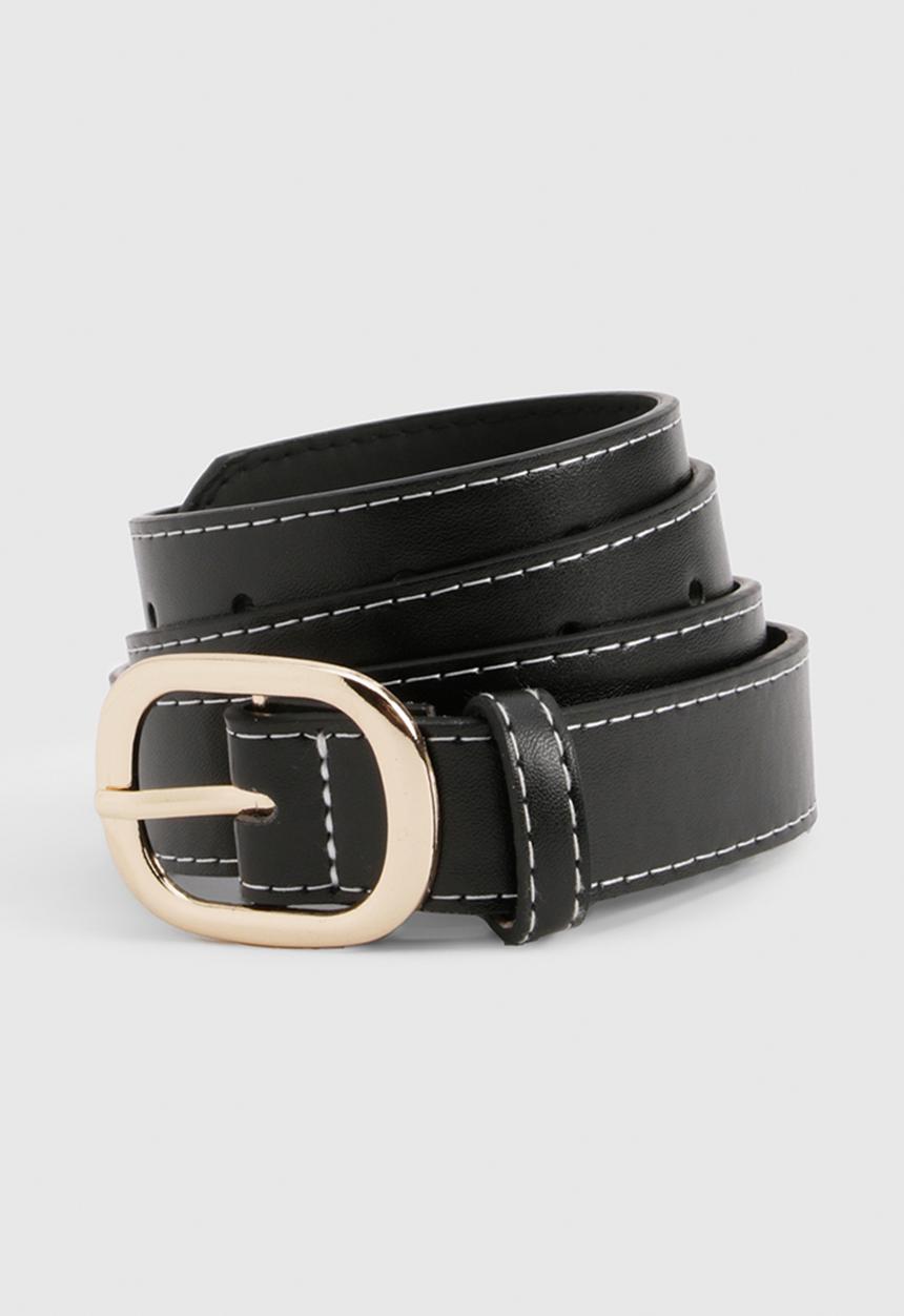 boohoo - Contrast stitch buckle belt - black