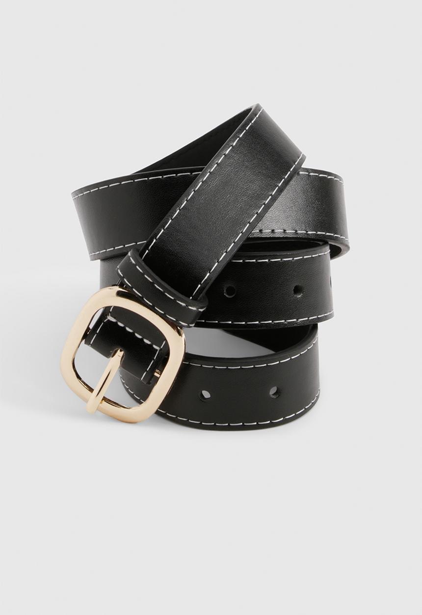 boohoo - Contrast stitch buckle belt - black