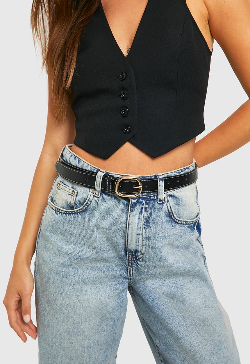 boohoo - Contrast stitch buckle belt - black