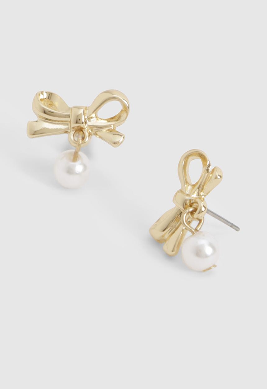 boohoo - Bow & pearl drop earrings - gold