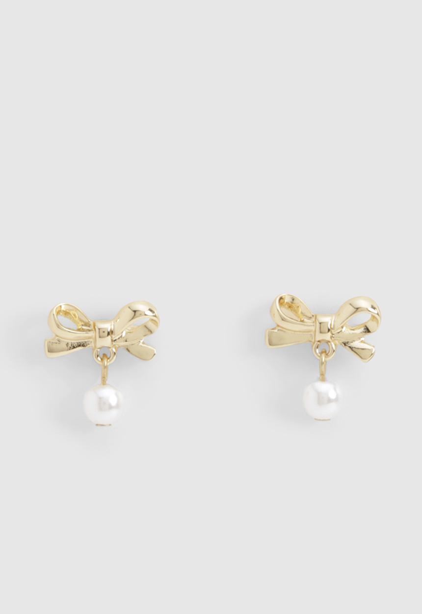 boohoo - Bow & pearl drop earrings - gold