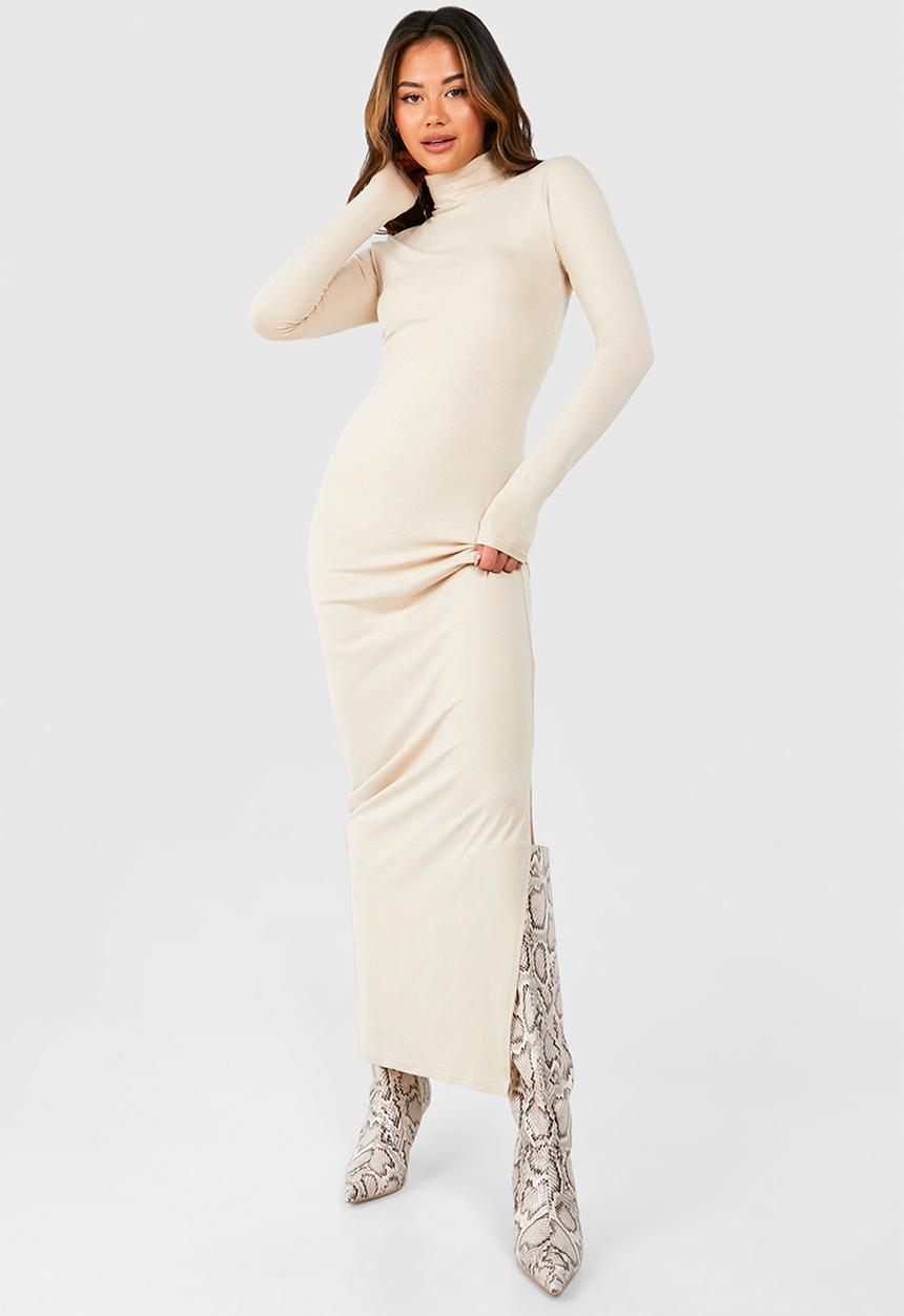 boohoo - Premium Super Soft Roll Neck Bodycon Maxi Dress - Stone