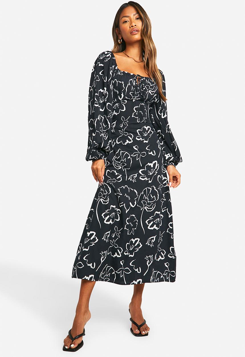 boohoo - Mono Floral Puff Sleeve Midaxi Dress - Black