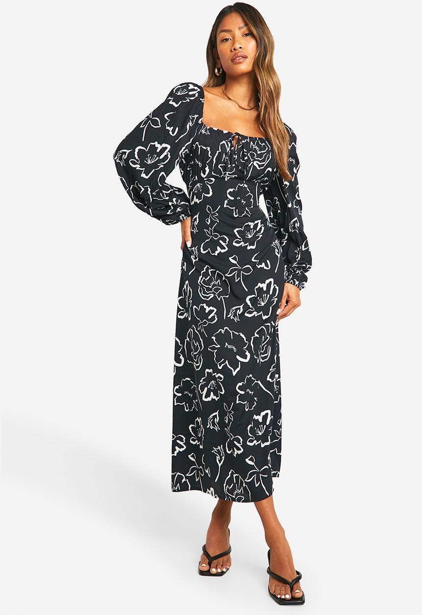 boohoo - Mono Floral Puff Sleeve Midaxi Dress - Black