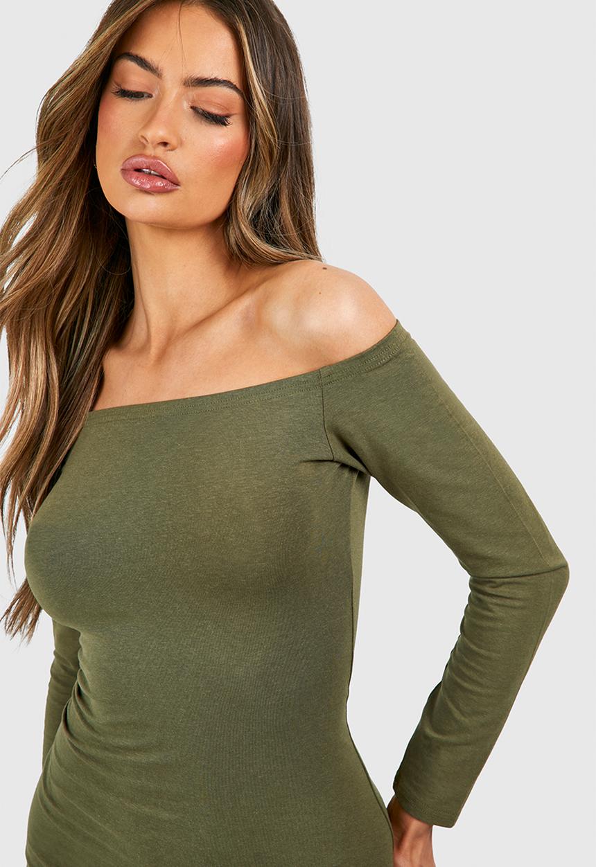 boohoo - Premium Super Soft Bardot Bodycon Maxi Dress - Khaki