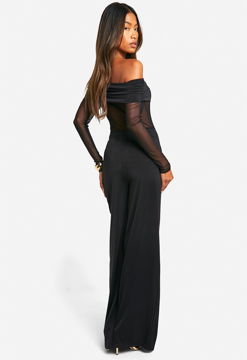 boohoo - Bardot Mesh Panel Wide Leg Long Sleeve Jumpsuit - Black