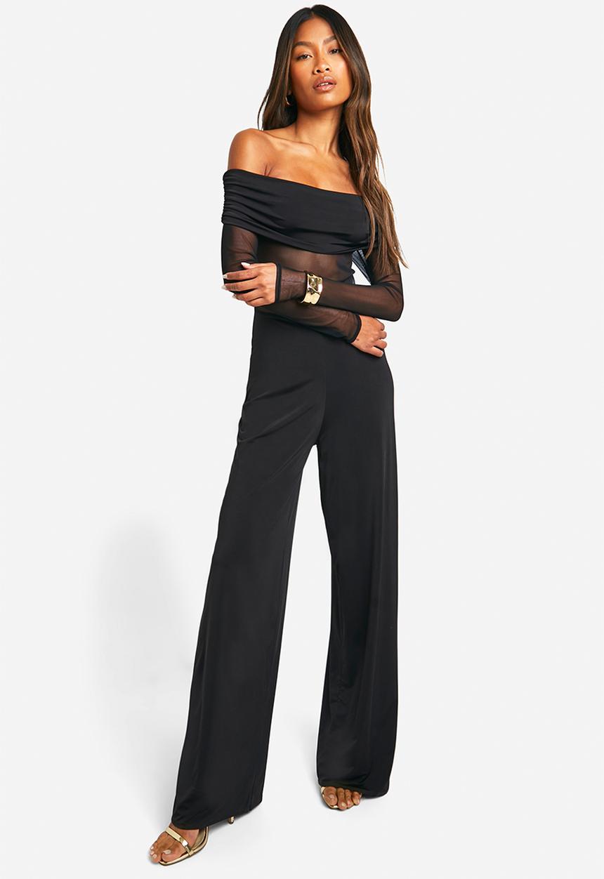 boohoo - Bardot Mesh Panel Wide Leg Long Sleeve Jumpsuit - Black