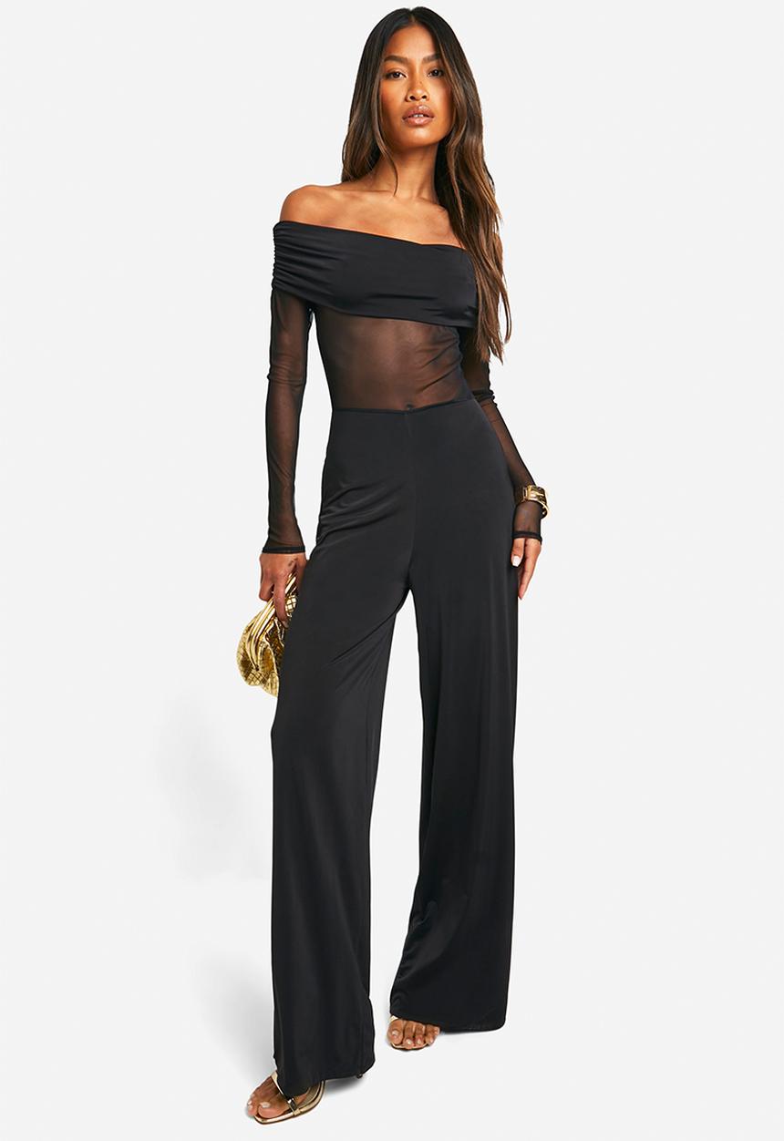 boohoo - Bardot Mesh Panel Wide Leg Long Sleeve Jumpsuit - Black