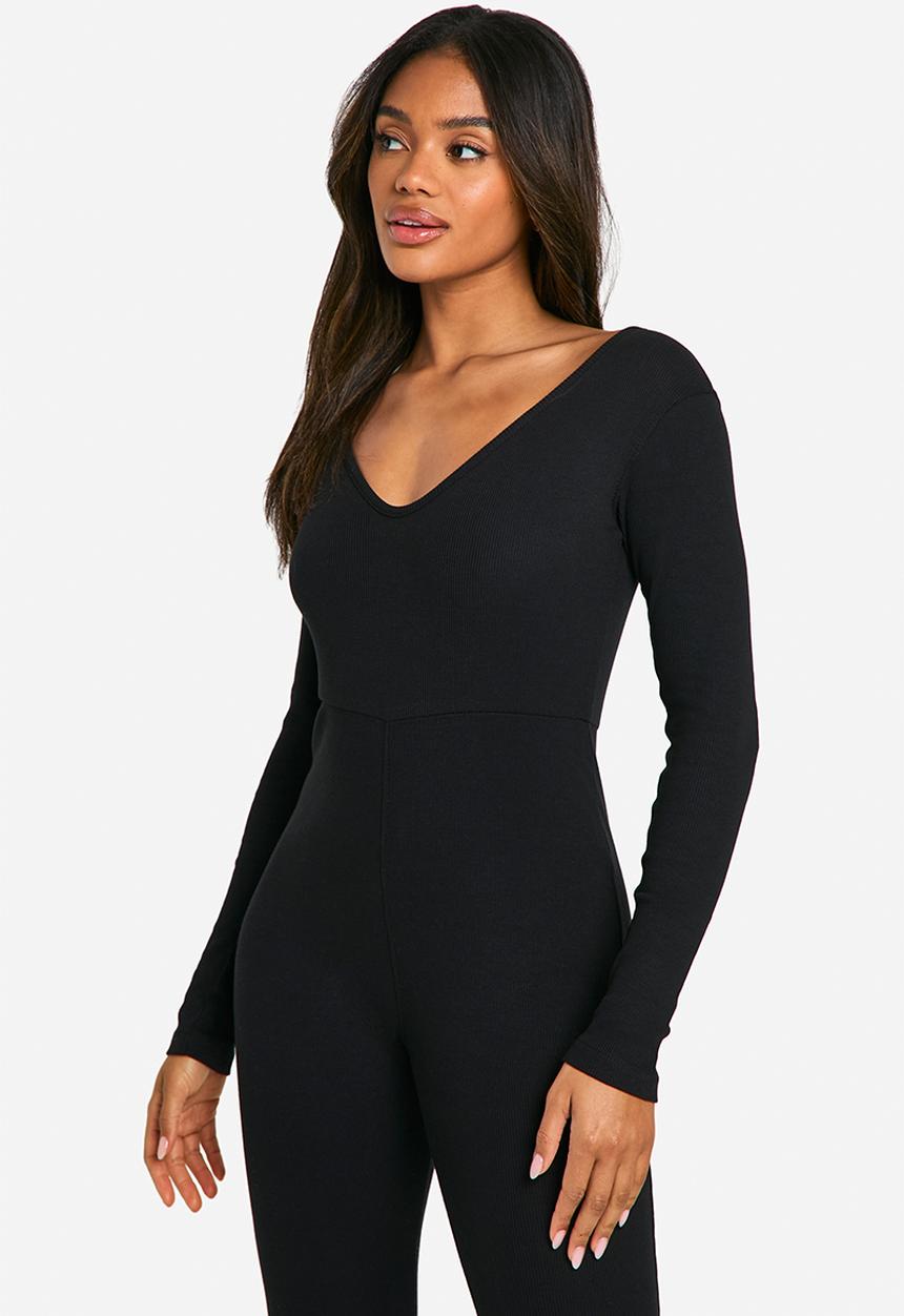 boohoo - Basic Rib Plunge Unitard Jumpsuit - Black