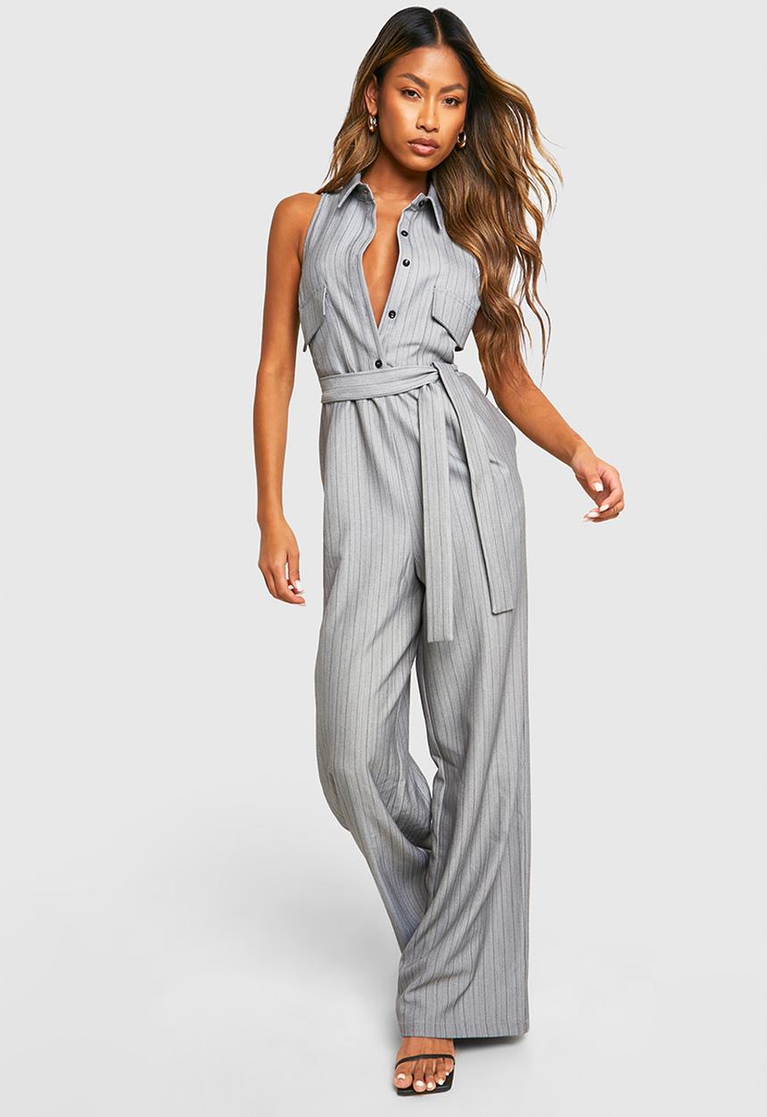 boohoo - Pinstripe Wide Leg Jumpsuit - Grey