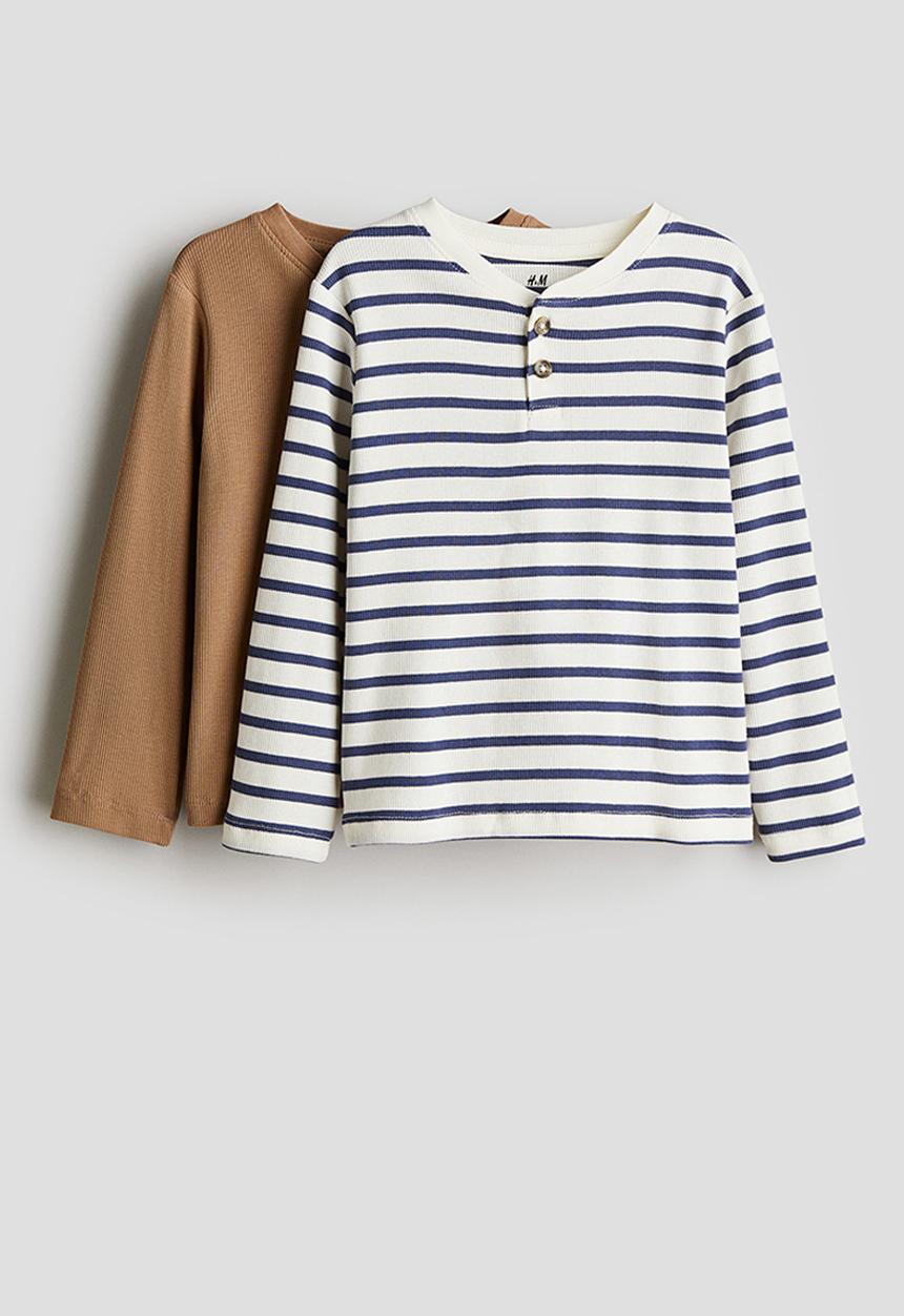 H&M - 2-Pack ribbed henley tops - Dark beige/Blue striped