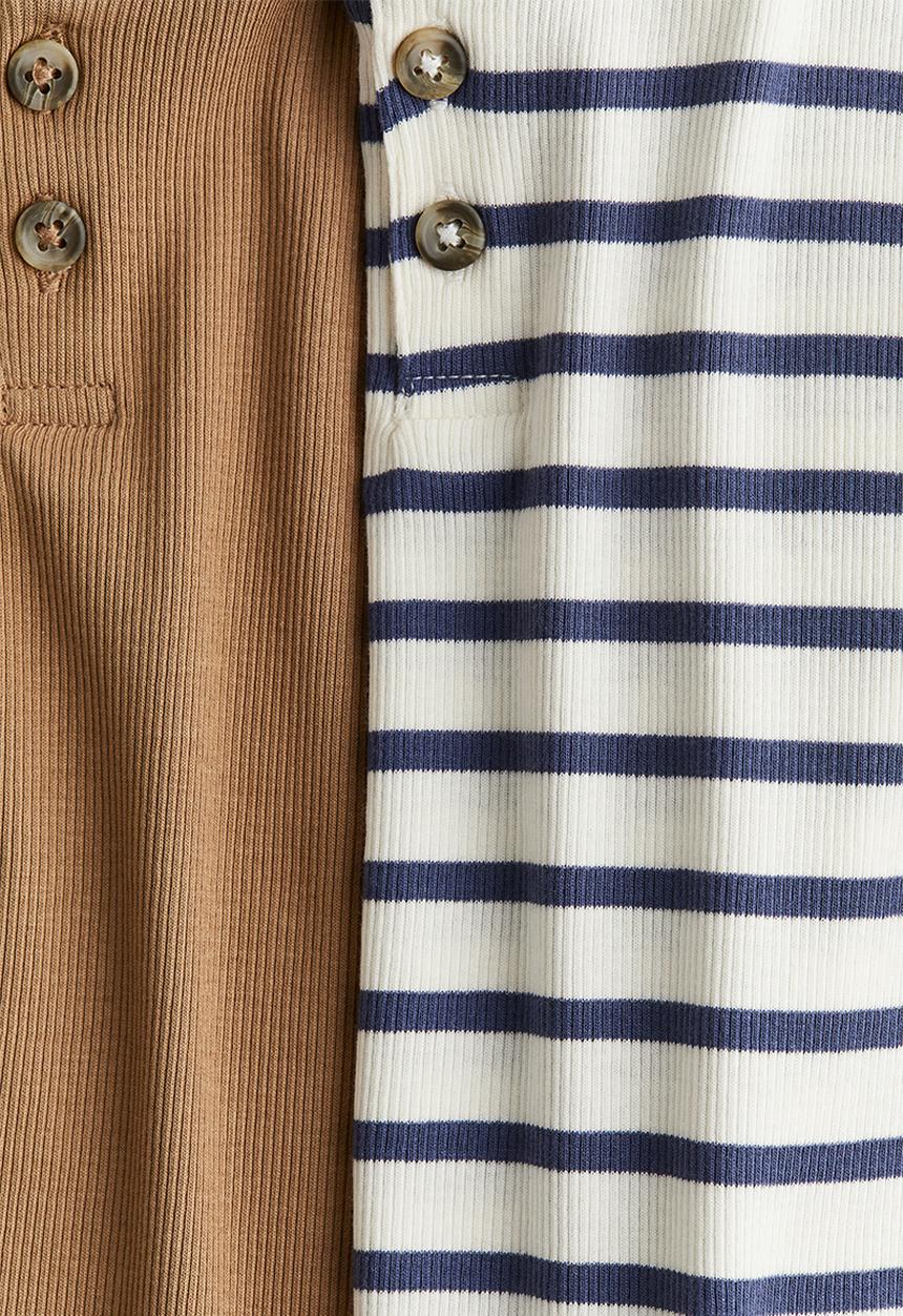 H&M - 2-Pack ribbed henley tops - Dark beige/Blue striped