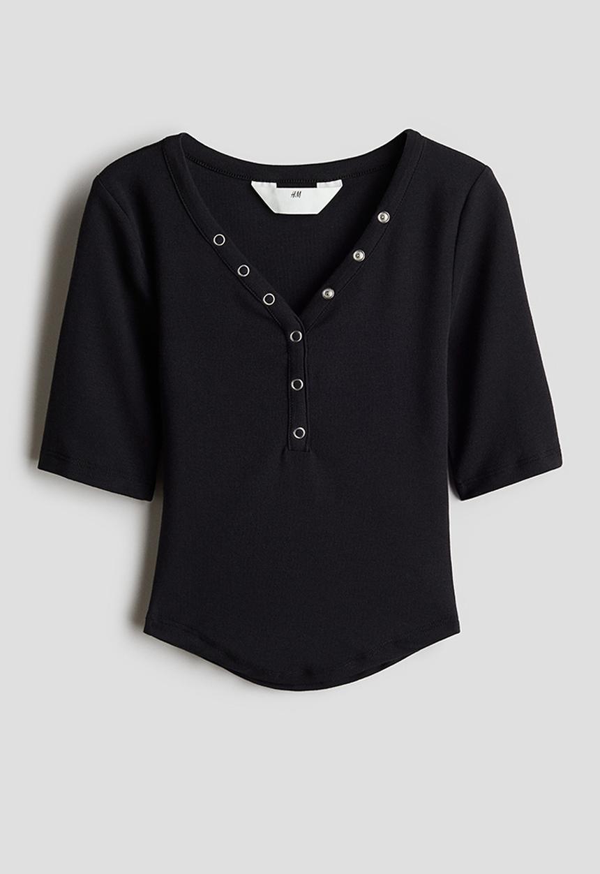 H&M - Decorative-placket ribbed top - black