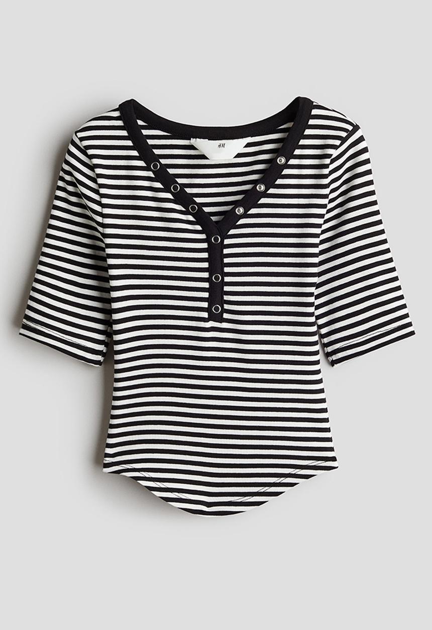 H&M - Decorative-placket ribbed top - white & black