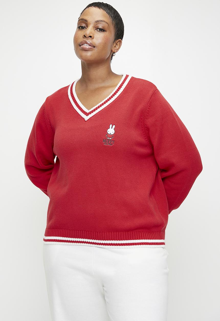 Cotton On - Plus lcn miffy knitted graphic v neck - raspberry/lcn miffy