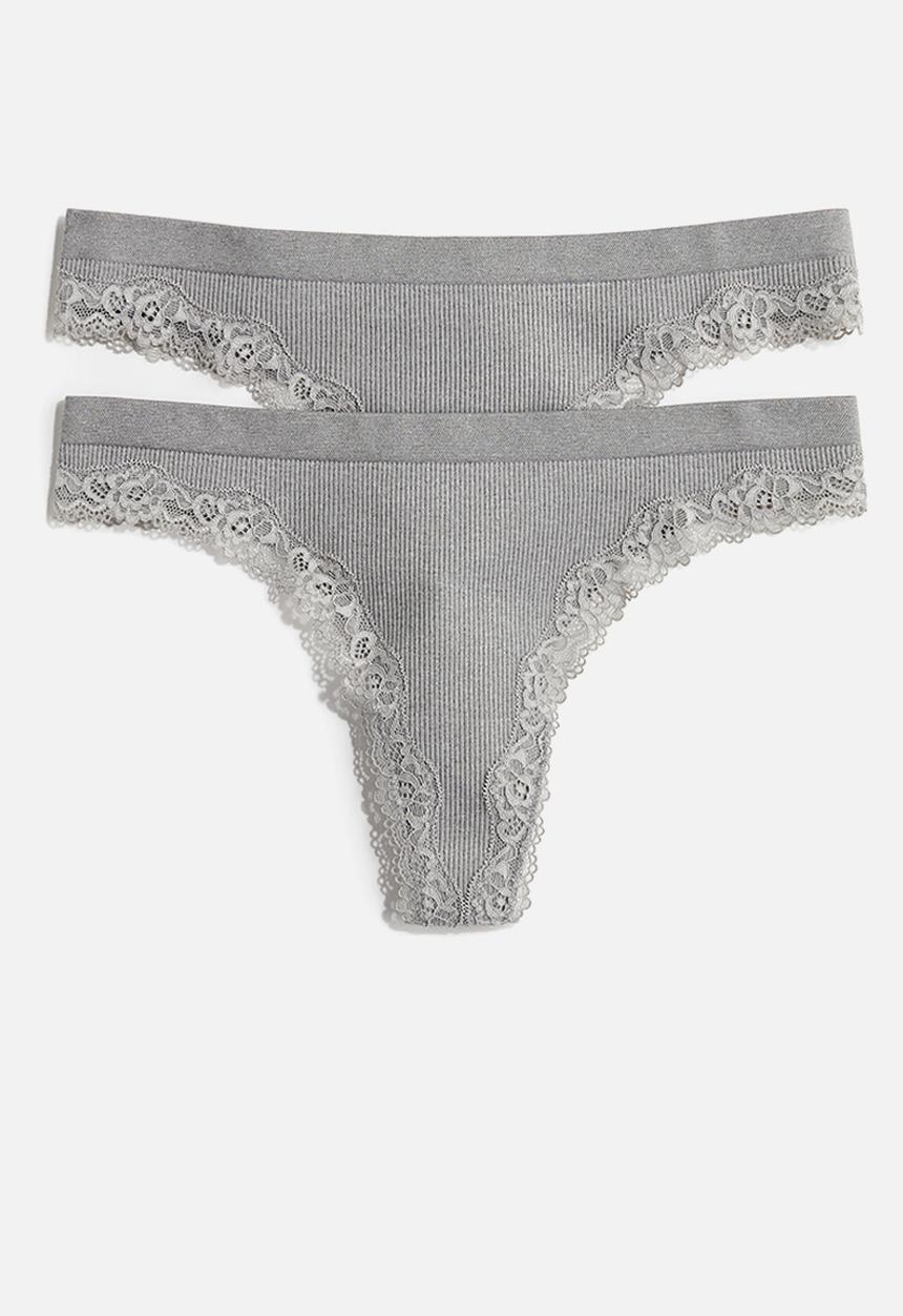 H&M - 2-Pack seamless lace-trimmed thong briefs - grey