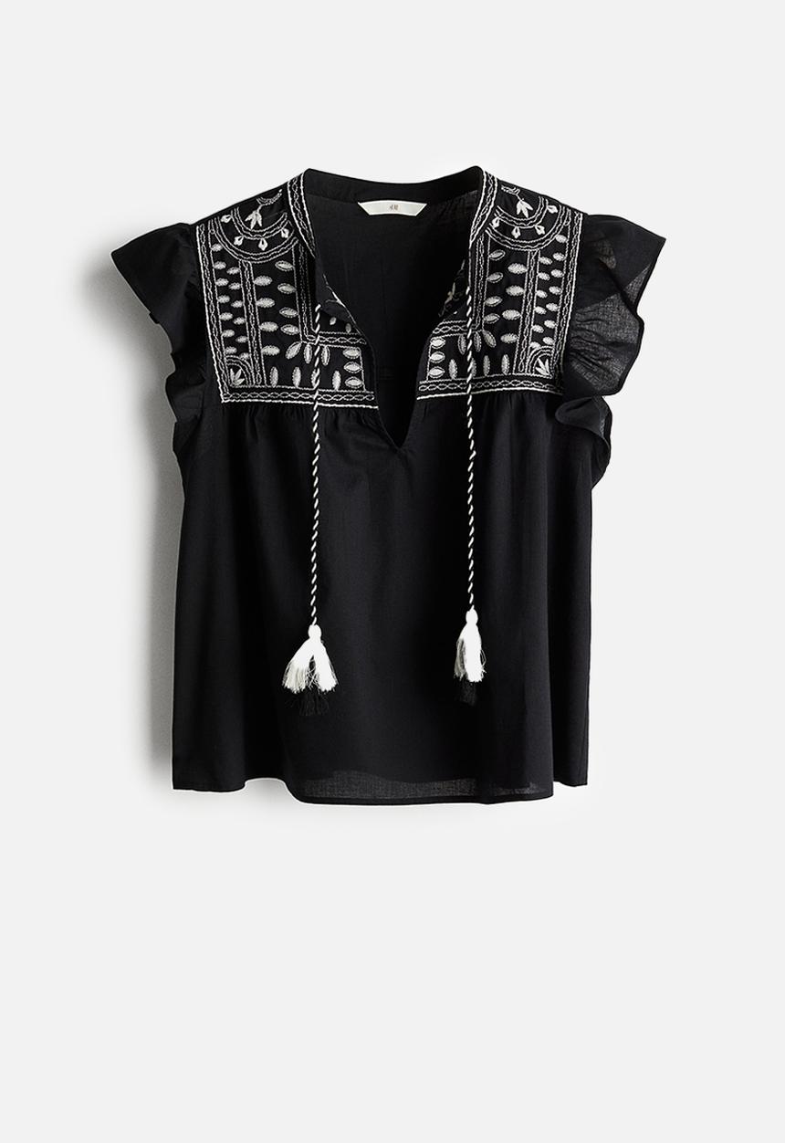 H&M - Embroidered cotton blouse - black