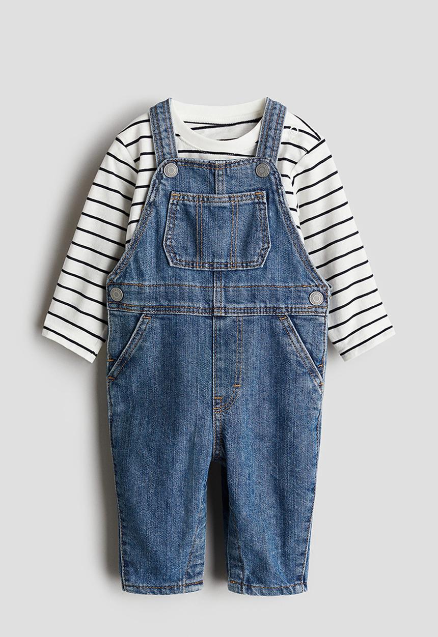 H&M - 2-Piece top and dungaree set - denim blue & black striped