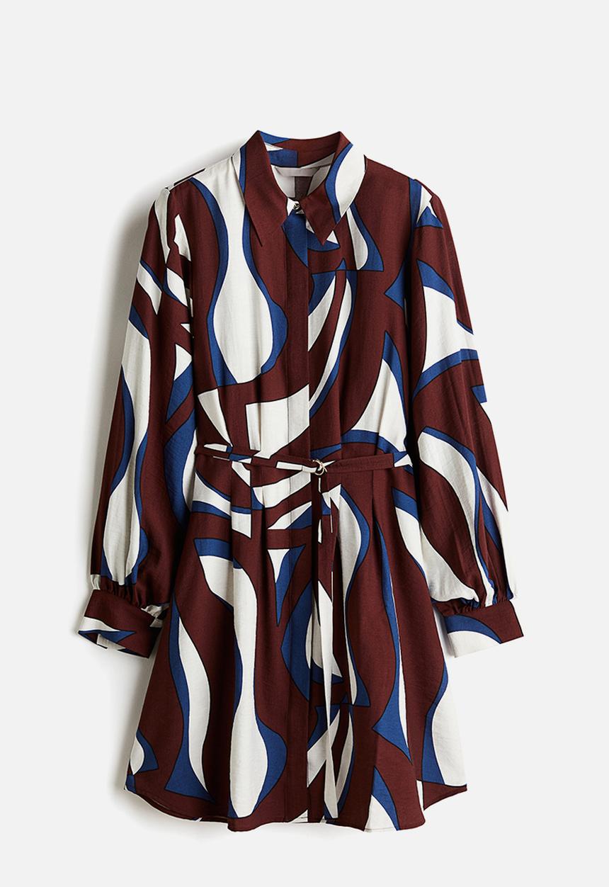 H&M - Belted shirt dress - burgundy & patterned