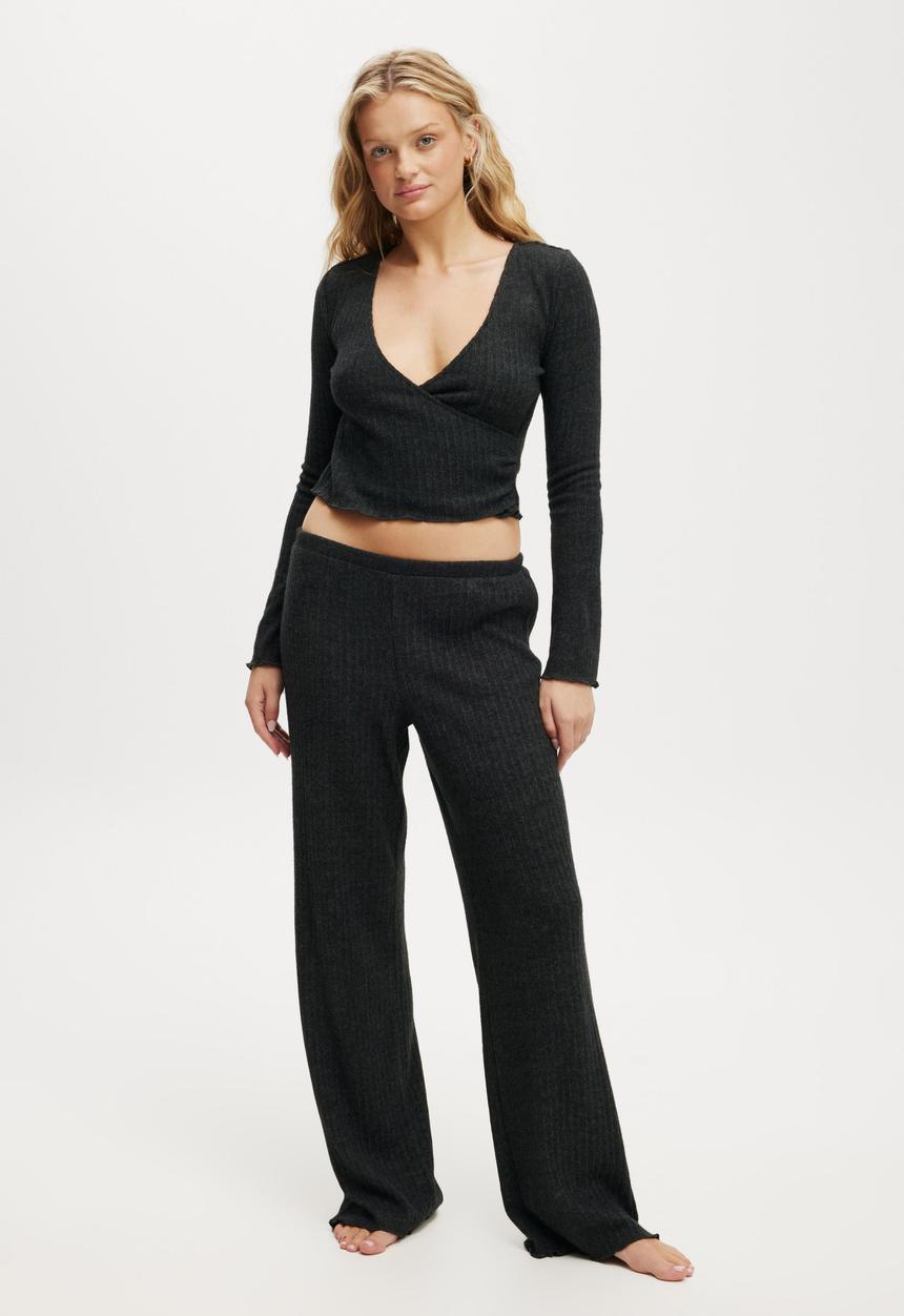 Cotton On - Super Soft Ribbed Wrap Top - Ebony Marle