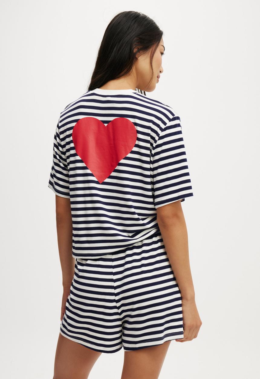 Cotton On - So Soft Short Sleeve Jersey Sleep Set - Navy Vision Stripe/Heart