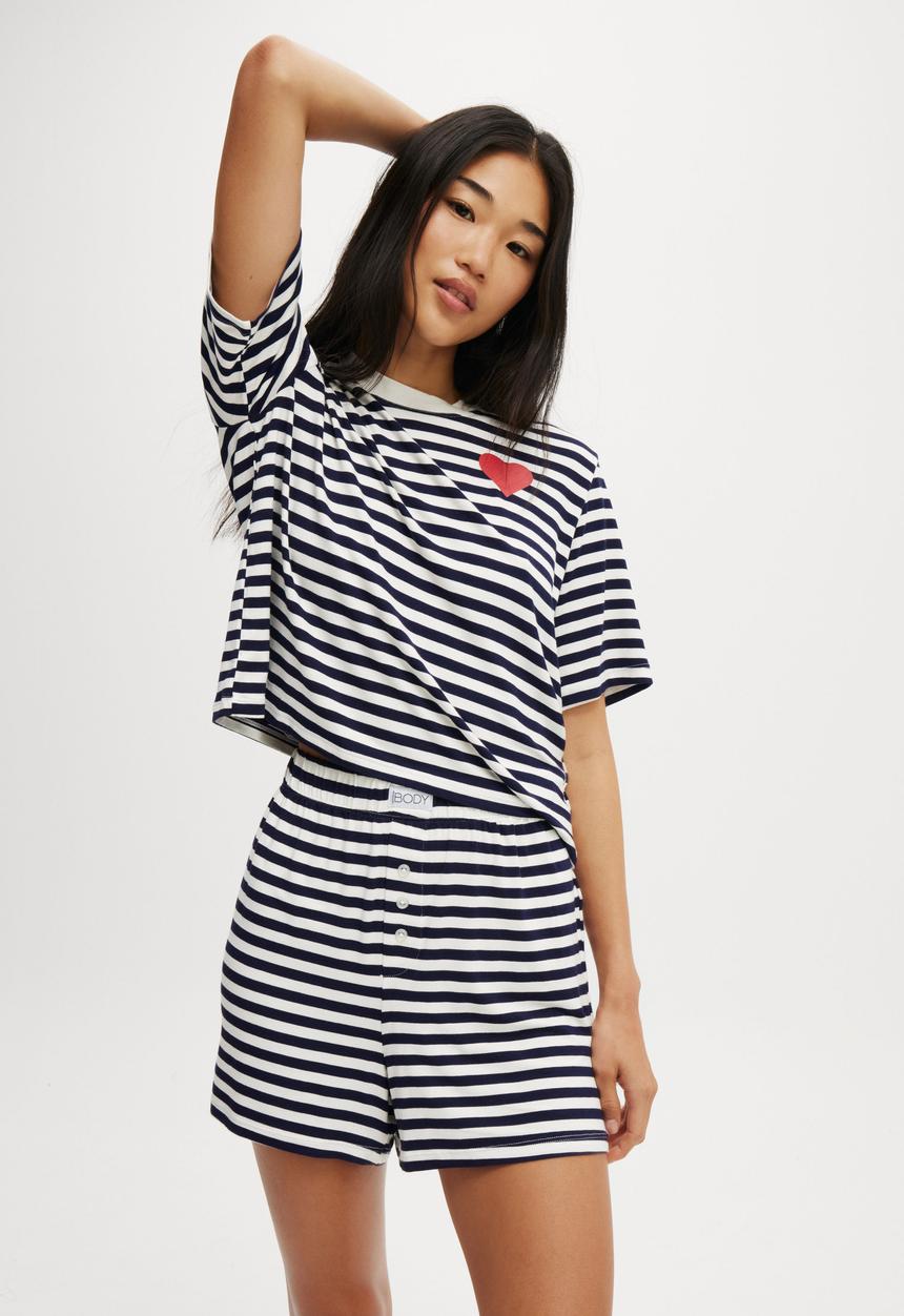 Cotton On - So Soft Short Sleeve Jersey Sleep Set - Navy Vision Stripe/Heart