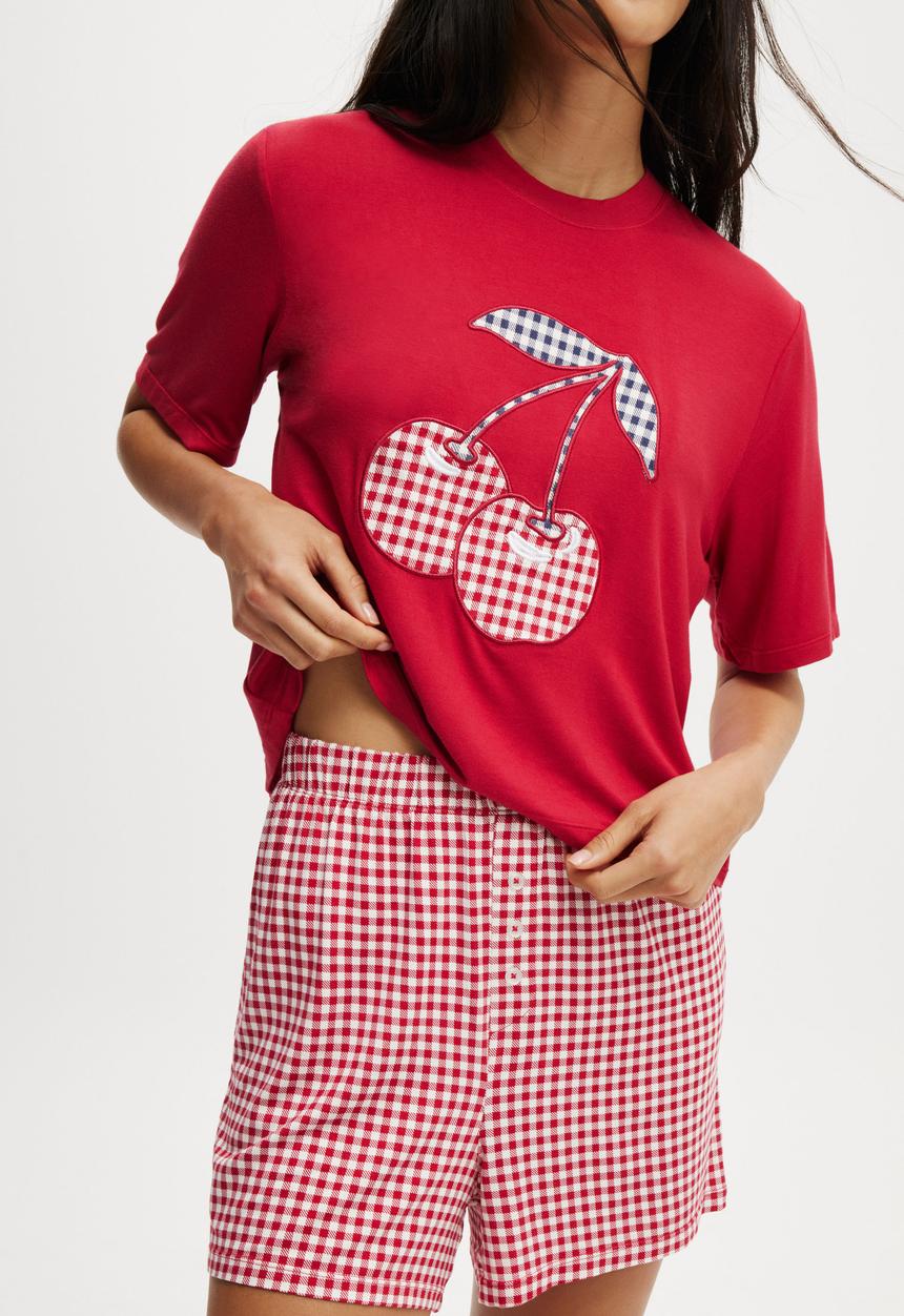 Cotton On - So Soft Short Sleeve Jersey Sleep Set - Warm Cherry/Gingham