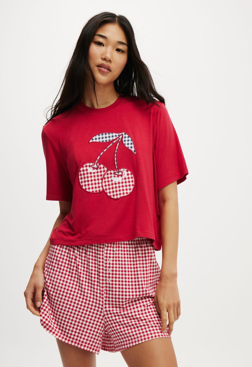 Cotton On - So Soft Short Sleeve Jersey Sleep Set - Warm Cherry/Gingham