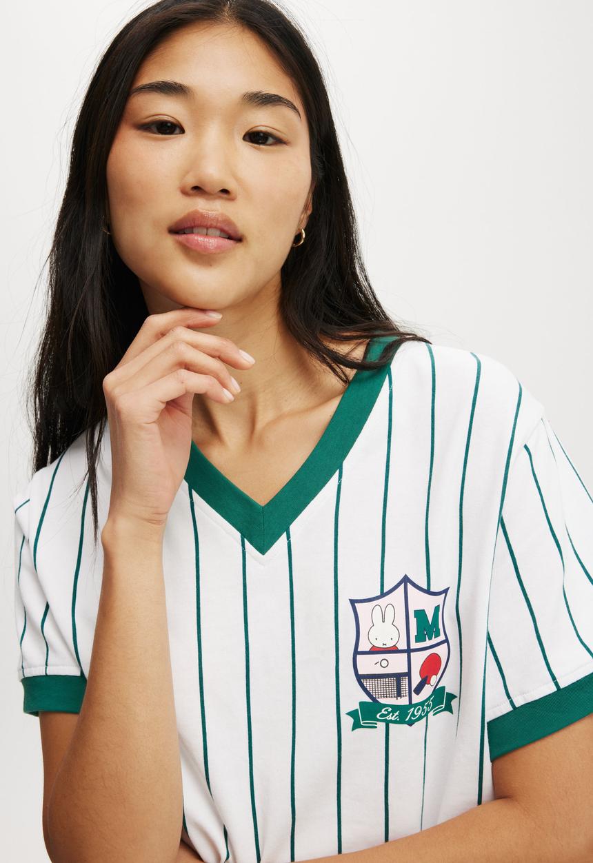 Cotton On - Active V Neck T-Shirt - Alpine Green Stripe / Lcn Miffy