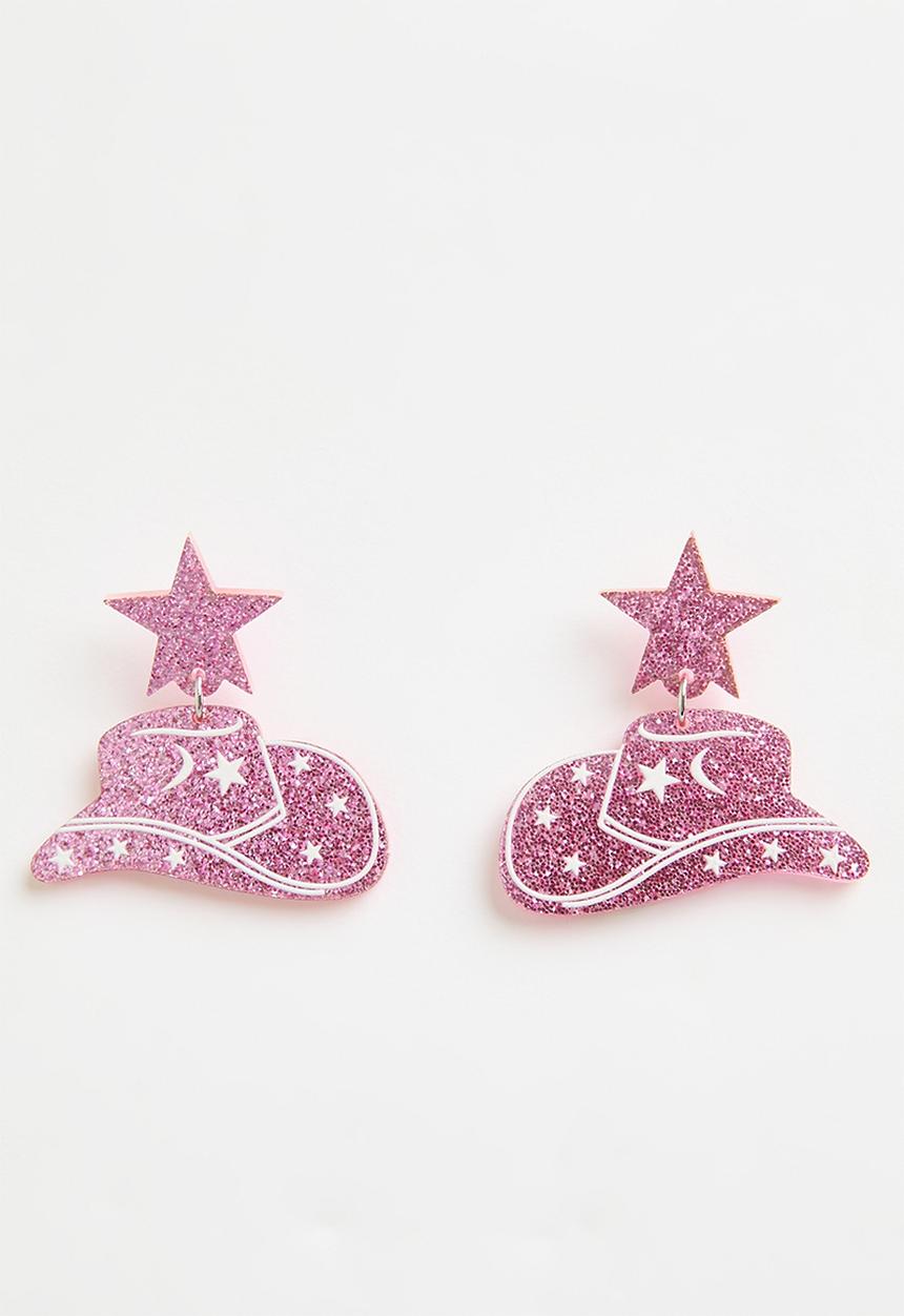 Rubi - Small Charm Earring - glitter western hats - pink