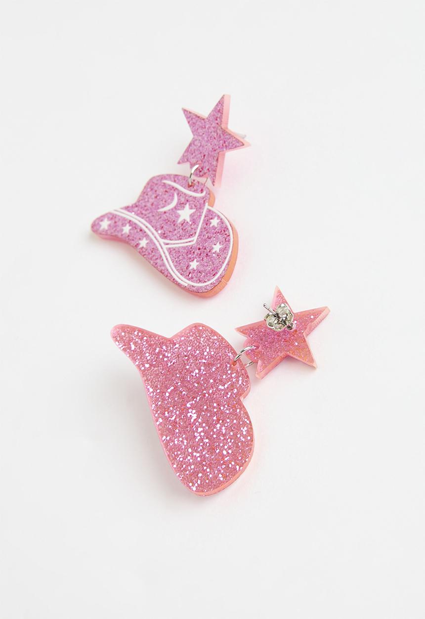 Rubi - Small Charm Earring - glitter western hats - pink