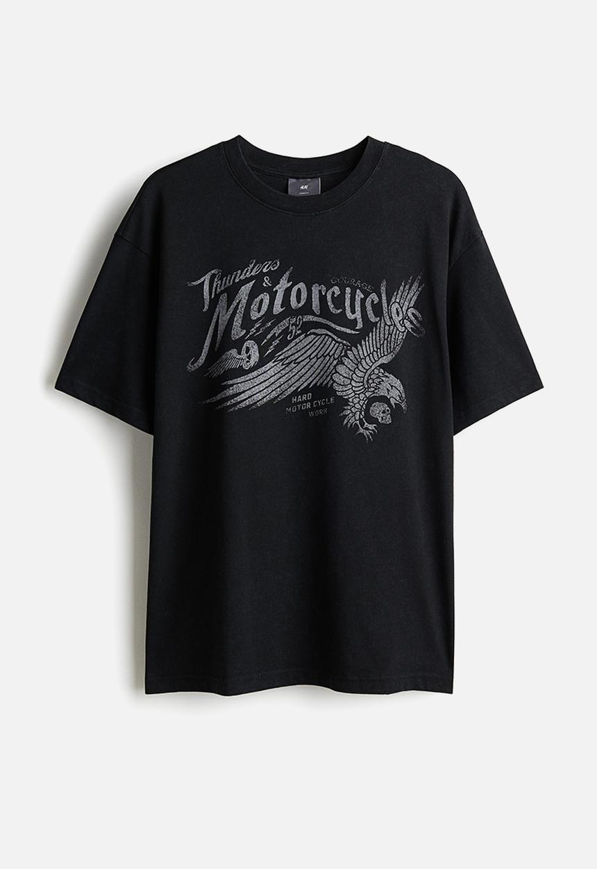 H&M - Loose fit vintage-look printed T-shirt - black motorcycles