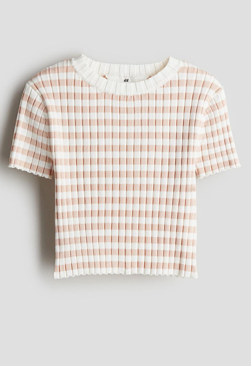 H&M - Rib-knit top - pink & white checked