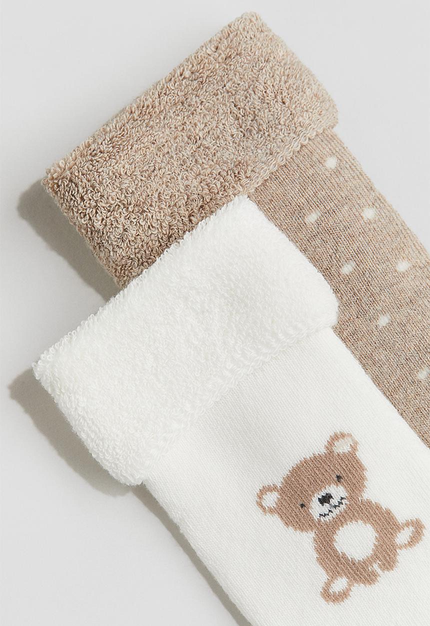 H&M - 2-pack terry socks - beige/teddy bear 