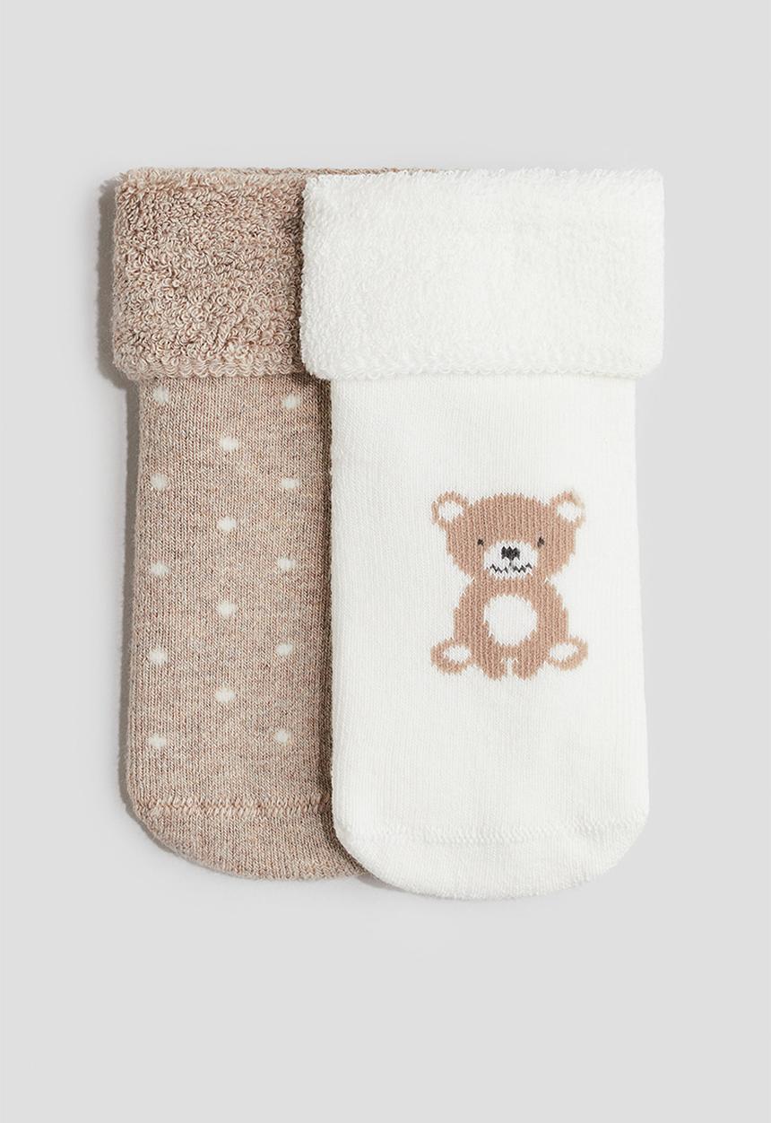 H&M - 2-pack terry socks - beige/teddy bear 